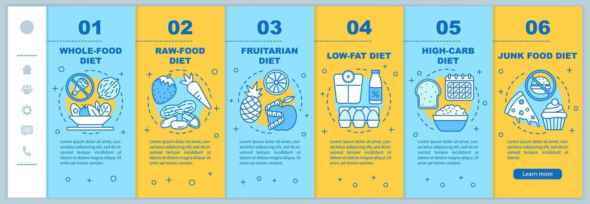 dieta vegetariana onboarding modello vettoriale di pagine web mobili. idea di interfaccia del sito Web per smartphone reattiva con illustrazioni lineari. schermate dei passaggi della procedura guidata della pagina Web. concetto di colore di stile di vita vegano