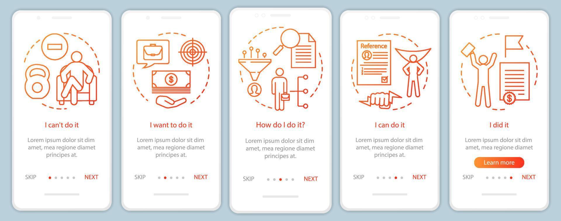 motivazione a bordo della schermata della pagina dell'app mobile con concetti lineari. raggiungimento degli obiettivi, risoluzione dei problemi. trovare lavoro. passaggi istruzioni grafiche. ux, ui, gui modello vettoriale con illustrazioni