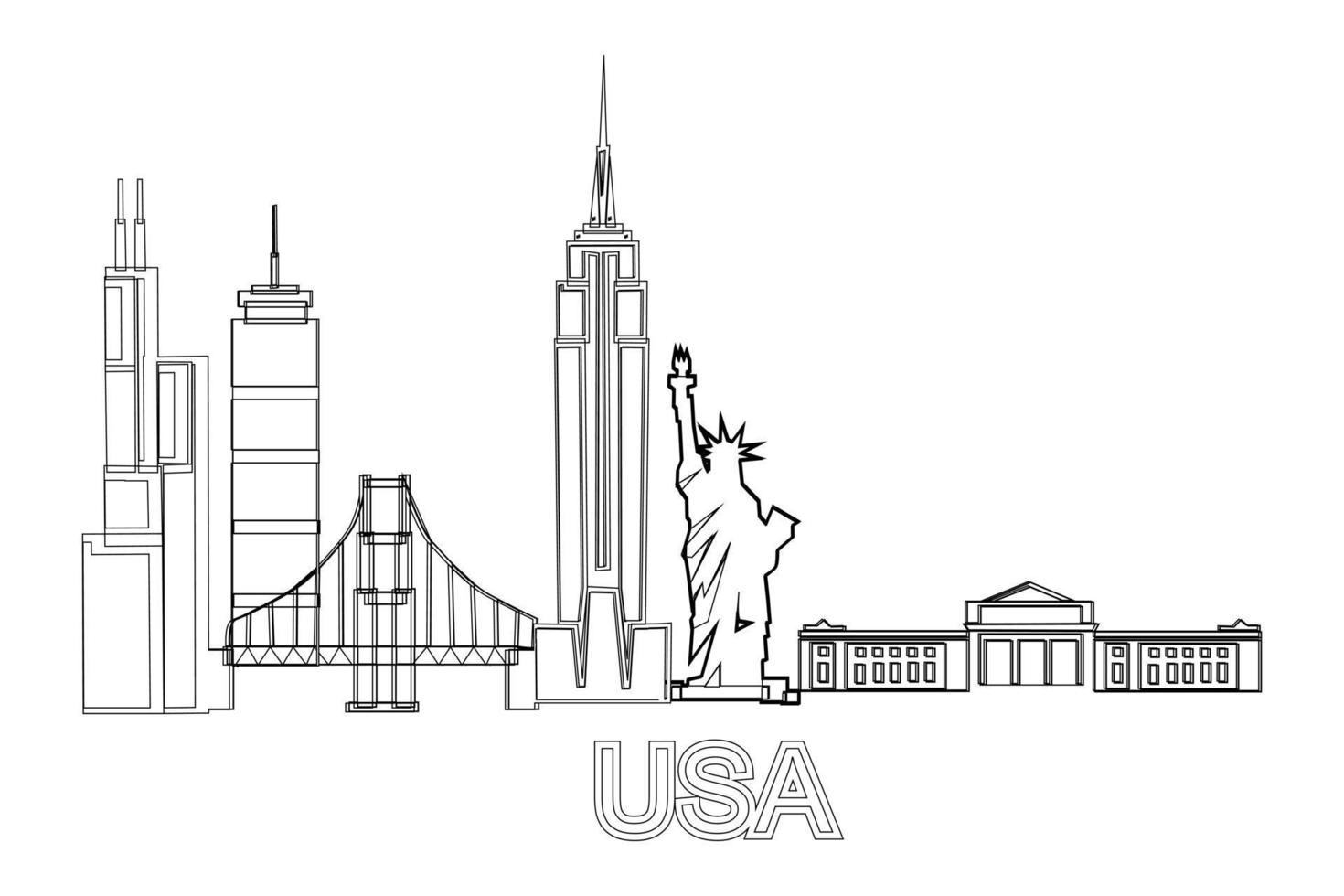 skyline delle città degli stati uniti d'america. concetto di stampa del manifesto di vacanza di viaggio di turismo del paesaggio degli stati uniti. illustrazione vettoriale in bianco e nero.