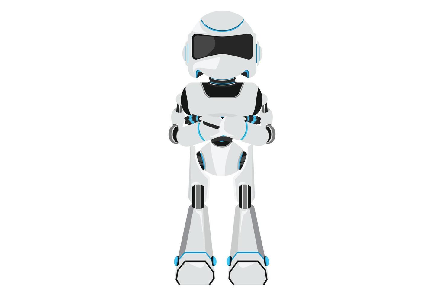 robot di disegno di business design con le braccia incrociate. robot in piedi con la posa delle braccia conserte. tecnologia futura. intelligenza artificiale e machine learning. illustrazione vettoriale in stile cartone animato piatto