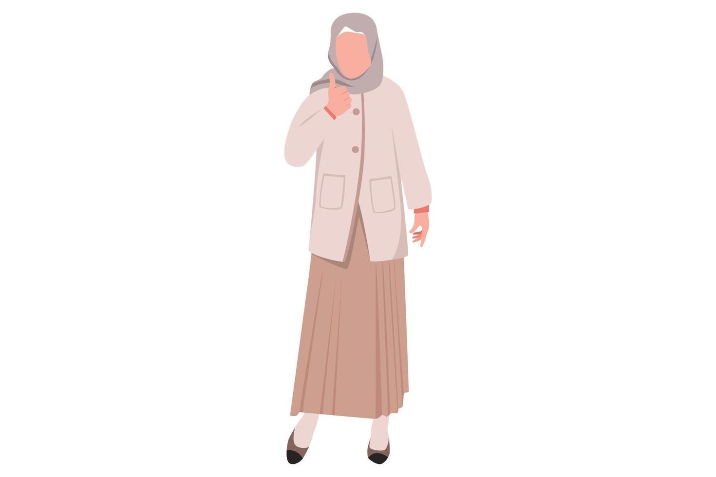 business piatto stile cartone animato disegno donna d'affari araba mostra il pollice alzato segno. pollice in su gesto in ottima mano segno, soddisfazione, approvazione, espressione ben fatta. illustrazione vettoriale di progettazione grafica