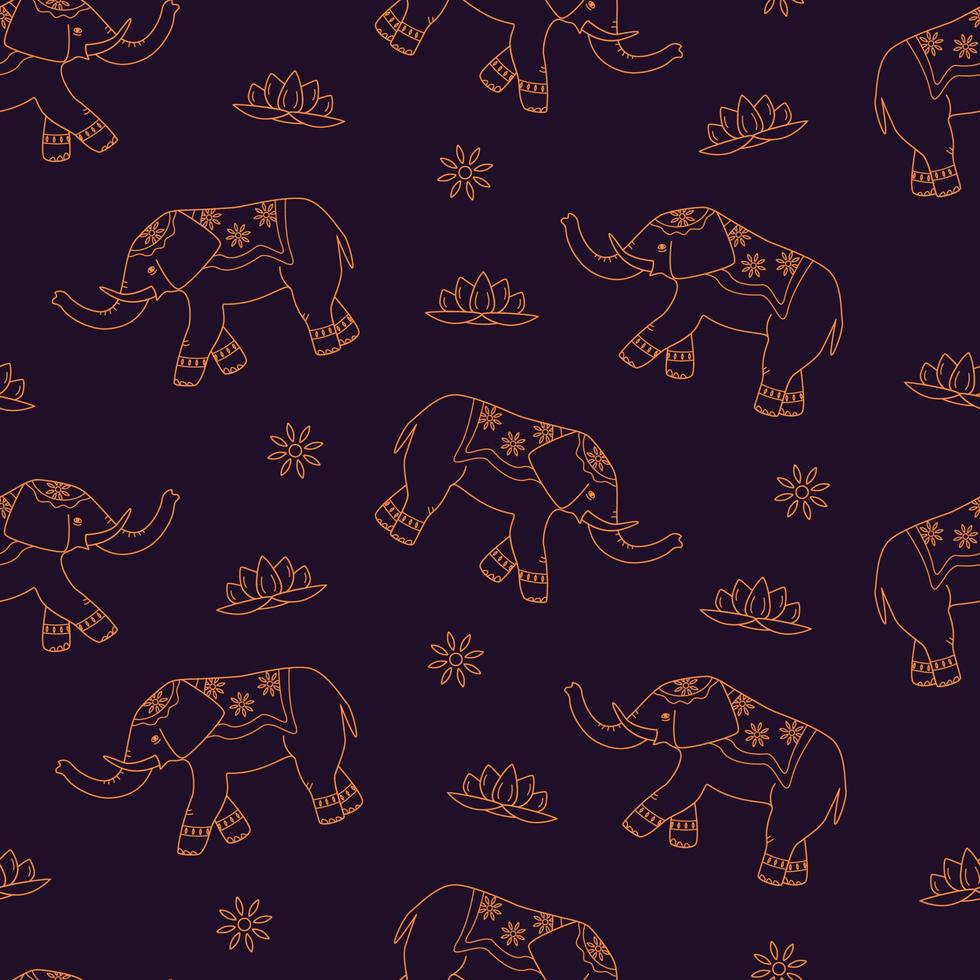 modello senza cuciture di elefanti decorati, loto e motivi floreali. il concetto di cultura indiana. sfondo simpatico cartone animato vettore