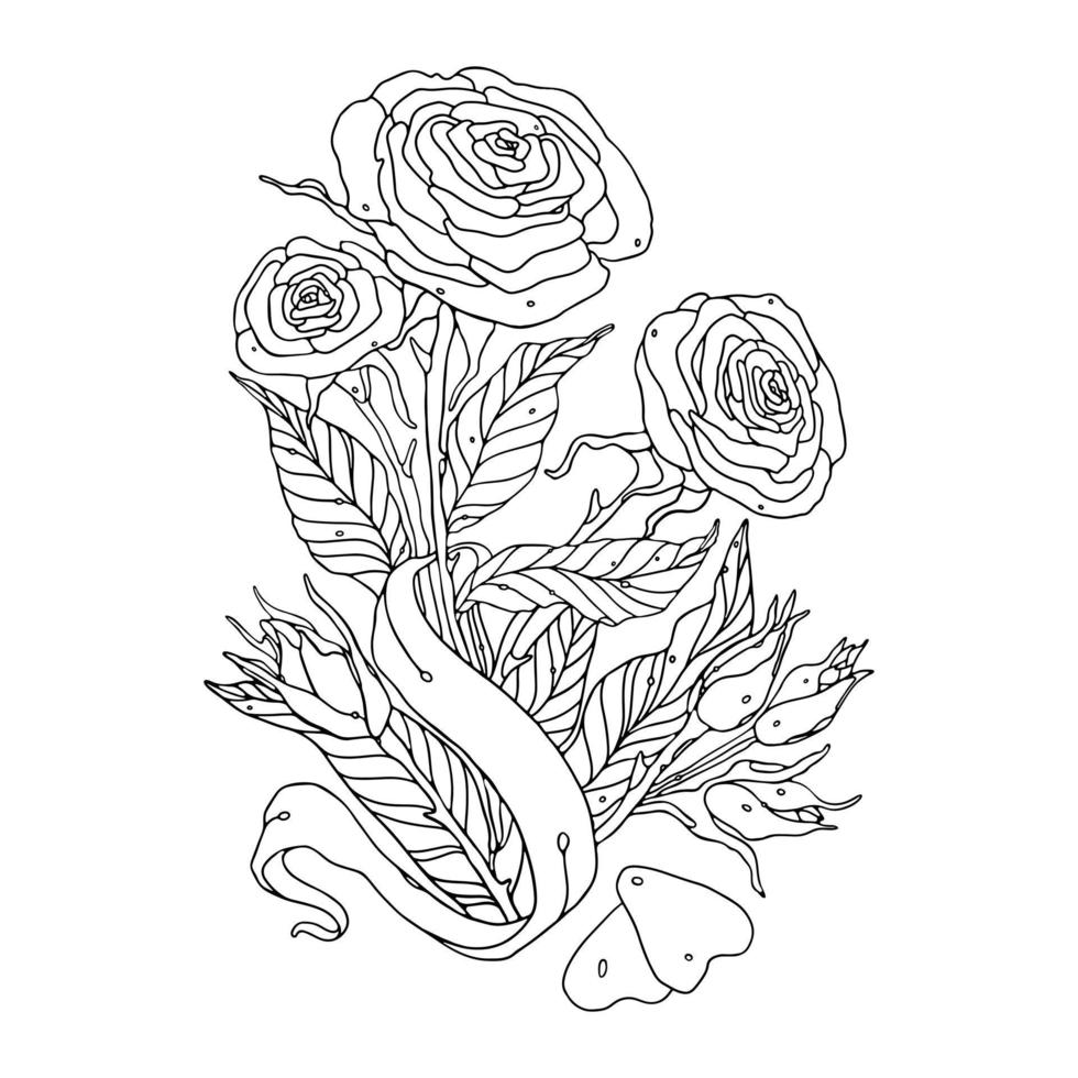 illustrazione del profilo disegnato a mano dei fiori di rosa per il vettore premium del libro da colorare