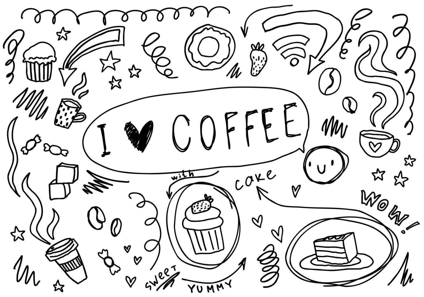 scarabocchiare le frecce della linea del tempo del caffè, il cuore, le stelle, il tè, il cupcake, il testo. set di schizzi per caffè collezione isolata carina per ristorante. vettore