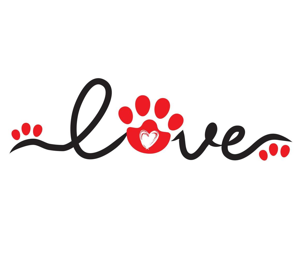 parola scritta a mano amore con impronta della zampa e cuore all'interno. design per gli amanti degli animali domestici. vettore