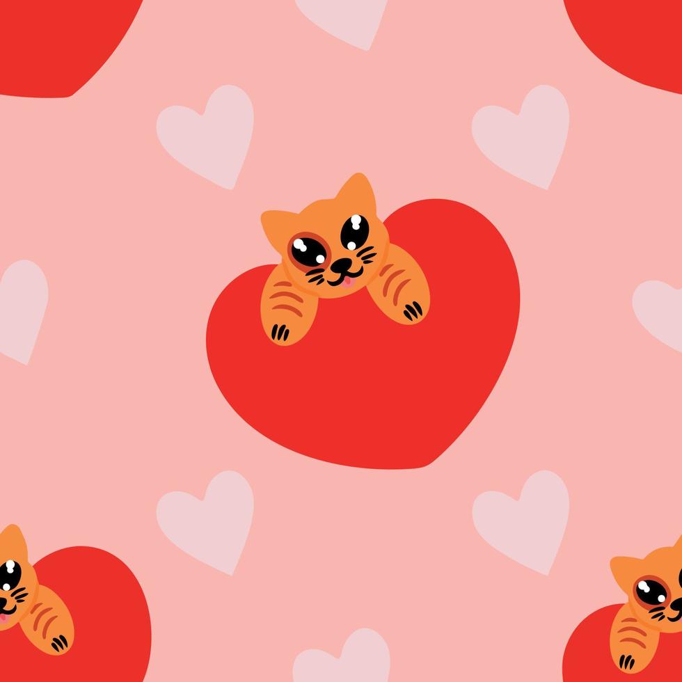 adorabile gatto zenzero su grande cuore rosso su sfondo rosa con cuori. modello. illustrazione vettoriale da utilizzare come elemento di design nella progettazione di menu di siti per la stampa su tessuto e cancelleria varia