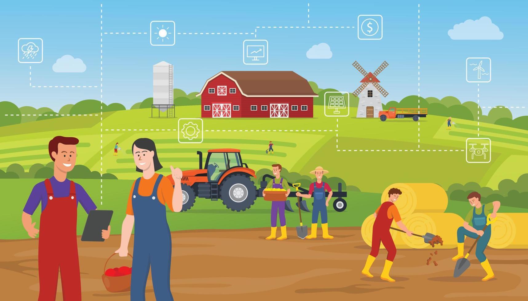 concetto di agricoltura intelligente con l'agricoltore utilizza tablet e monitora i dati della tecnologia agricola vettore