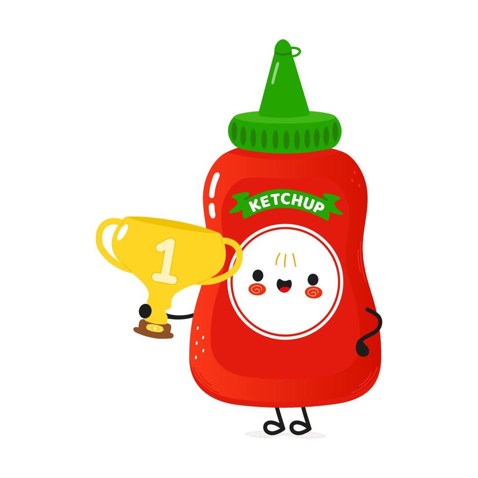 carino divertente ketchup tenere la tazza del trofeo d'oro. icona dell'illustrazione del carattere kawaii del fumetto disegnato a mano di vettore. isolato su sfondo bianco. ketchup con coppa del trofeo del vincitore vettore