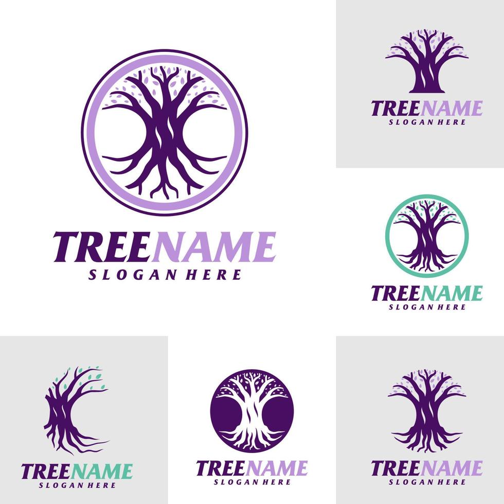 set di alberi con modello di progettazione logo radice. vettore di concetto di logo dell'albero. simbolo dell'icona creativa