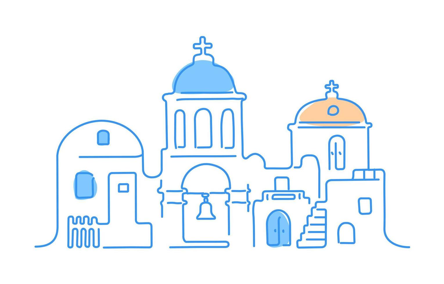isola di santorini, grecia. architettura bianca tradizionale e chiese greco-ortodosse con cupole e case blu. illustrazione lineare vettoriale. vettore