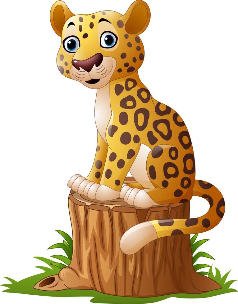 leopardo del fumetto che si siede sul ceppo di albero vettore
