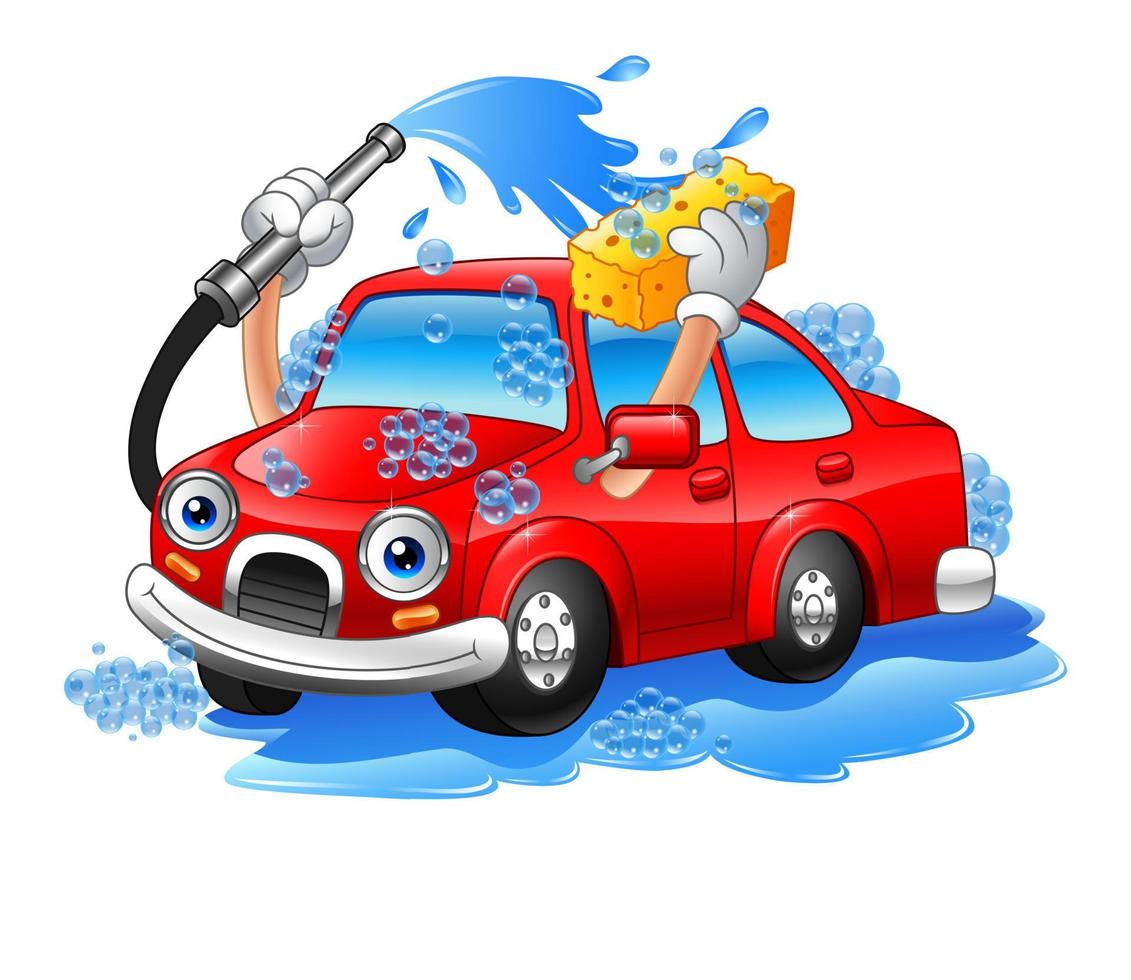 cartone animato divertente lavaggio auto con tubo dell'acqua e spugna vettore