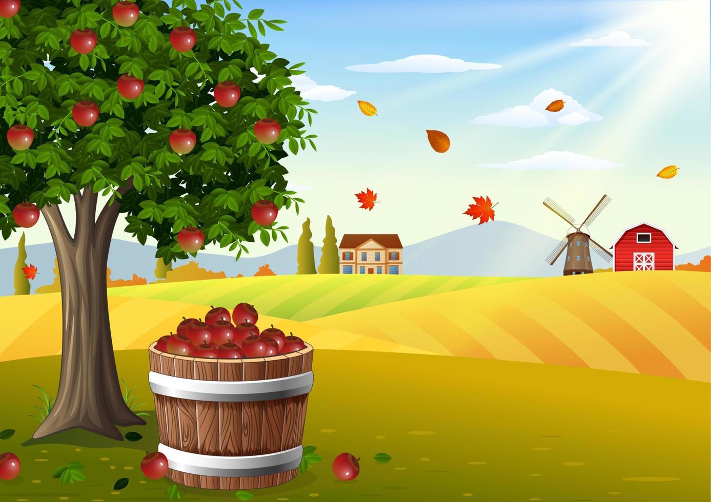 albero di mele e cesto di mele nel paesaggio della fattoria in autunno vettore