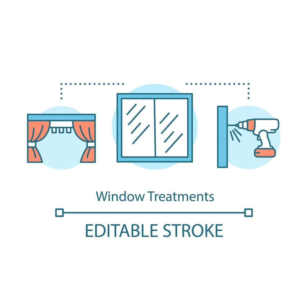 icona del concetto di trattamenti per finestre. servizio a domicilio. riparazione, manutenzione e decorazione di finestre. illustrazione al tratto sottile dell'idea di installazione di tendaggi. disegno di contorno isolato vettoriale. tratto modificabile vettore