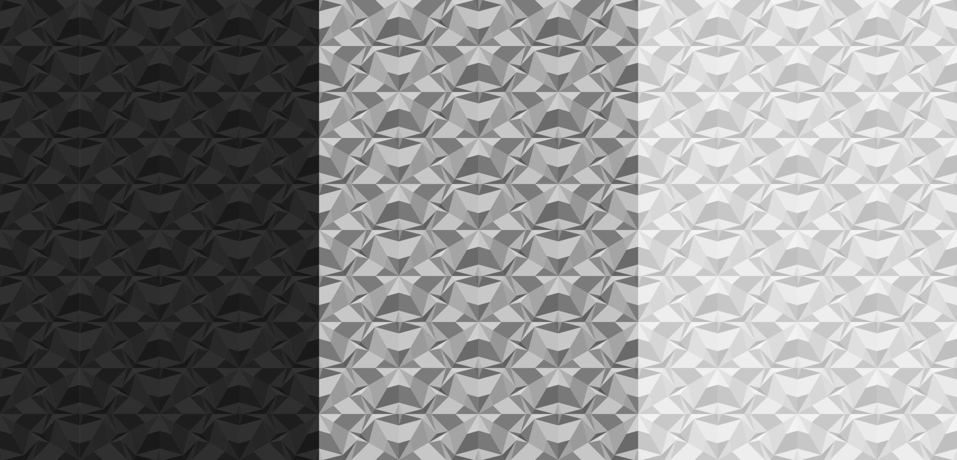 set di motivi geometrici senza cuciture neri, grigi, bianchi. Texture 3d con l'effetto di estrusione del volume. modello per carta da parati, sfondi di carta da imballaggio in tessuto illustrazione vettoriale realistica.