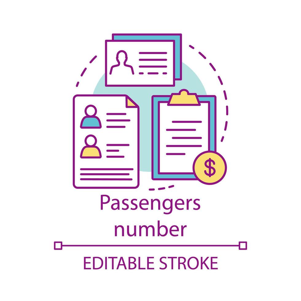 icona del concetto di numero del passeggero. illustrazione della linea sottile dell'idea del sistema di prenotazione. biglietto aereo. informazioni personali dei passeggeri. prezzi dei servizi. disegno di contorno isolato vettoriale. tratto modificabile vettore