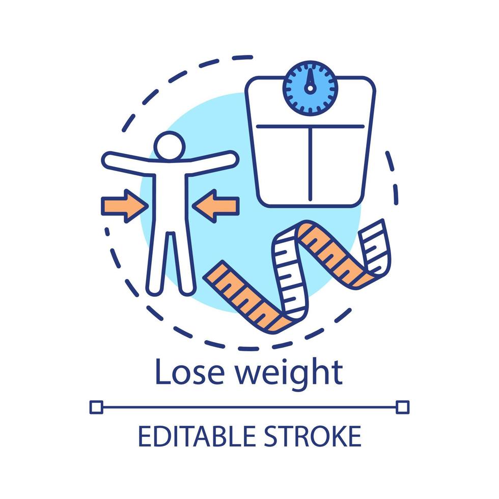 perdere peso concetto icona. illustrazione della linea sottile dell'idea dei benefici della nutrizione vegetariana. calorie bruciate, stile di vita sano. nastro di misurazione e scale vettore isolato disegno del profilo. tratto modificabile