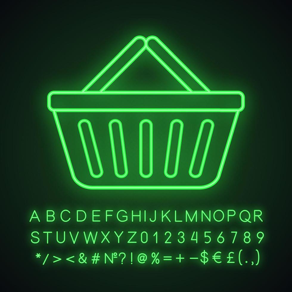 icona della luce al neon del carrello della spesa del supermercato. segno luminoso con alfabeto, numeri e simboli. illustrazione vettoriale isolato