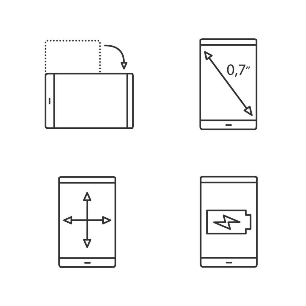 set di icone lineari per smartphone. visualizzare le dimensioni in pollici, la rotazione e il ridimensionamento dello schermo, la carica della batteria. simboli di contorno di linee sottili. illustrazioni di contorno vettoriale isolate