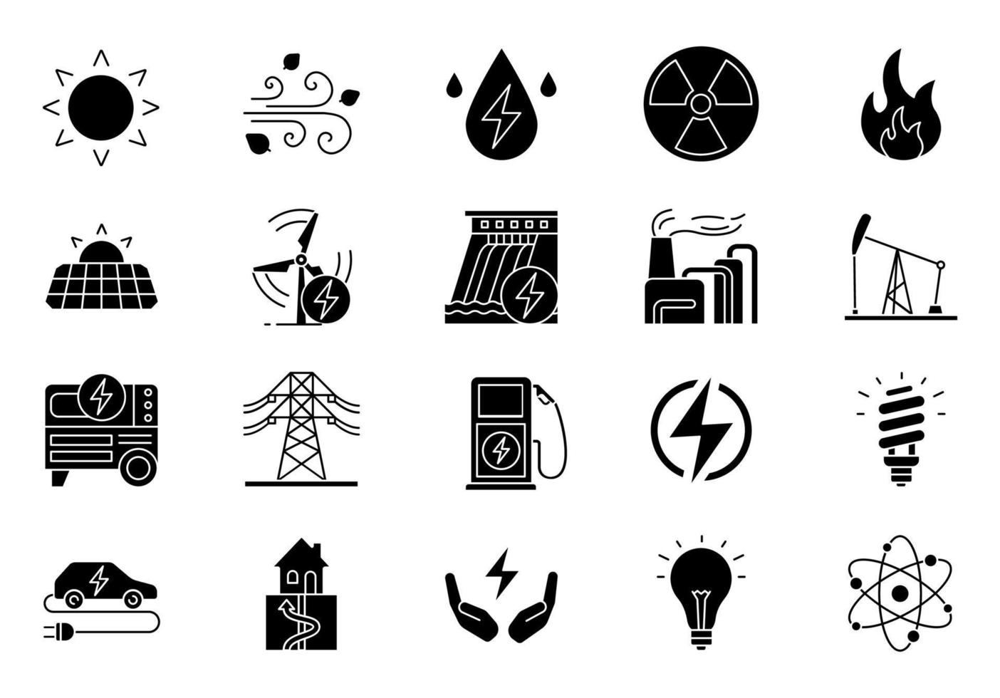 set di icone del glifo di energia elettrica. elettricità. produzione e accumulazione di energia. industria dell'energia elettrica. risorse energetiche alternative. simboli di sagoma. illustrazione vettoriale isolato