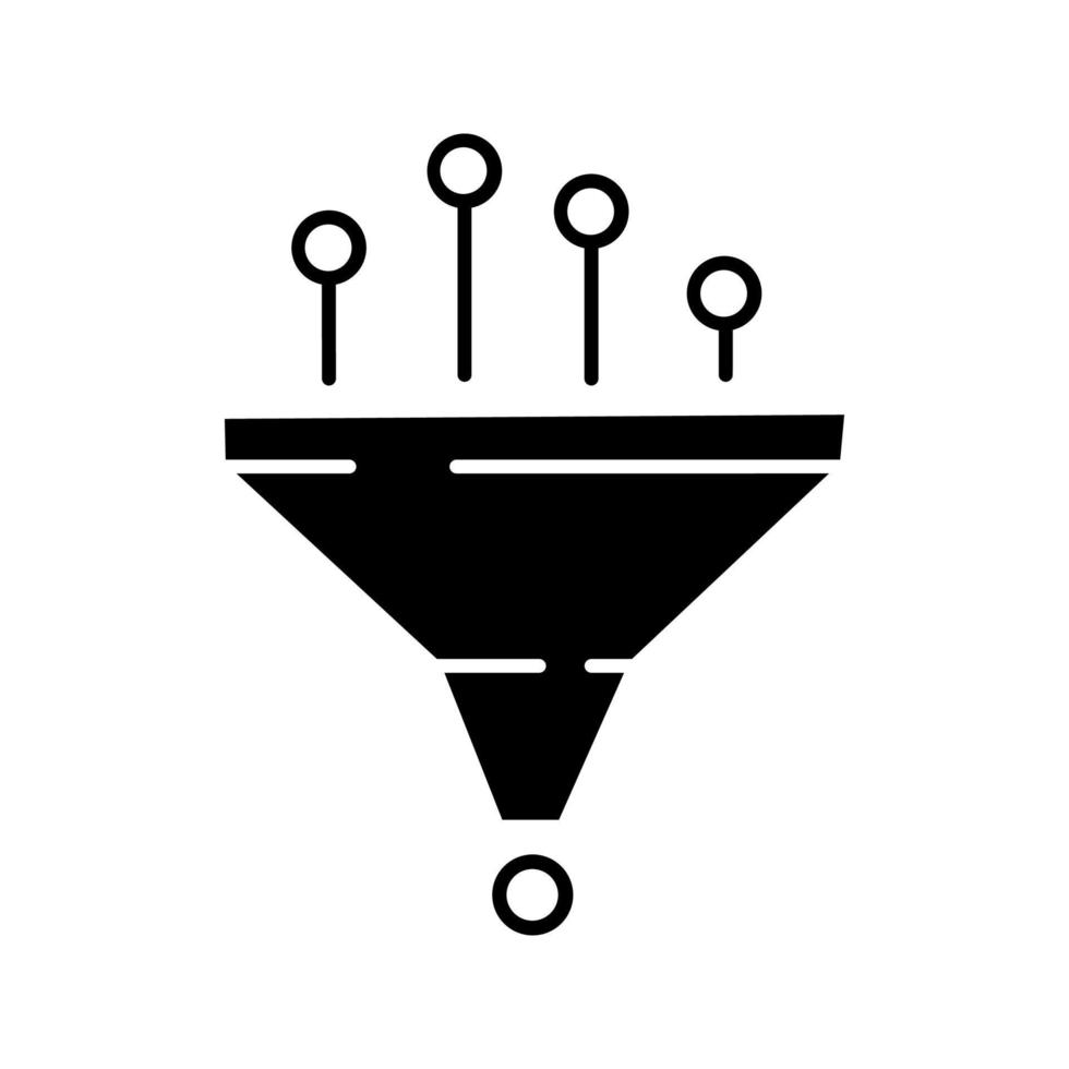 icona del glifo del sistema di filtraggio e strutturazione dei dati. processo di apprendimento automatico. simbolo della sagoma. estrazione dei dati. imbuto. raccolta di statistiche. spazio negativo. illustrazione vettoriale isolato