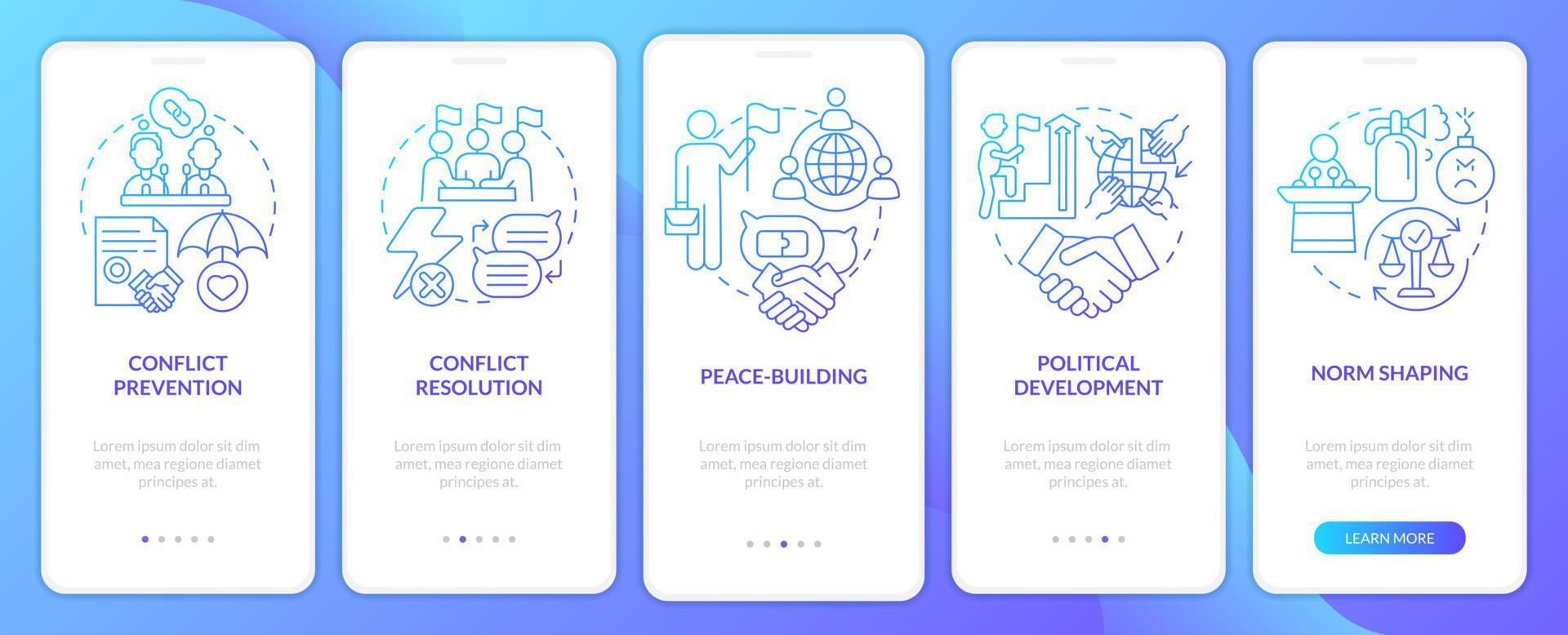 schermata dell'app mobile onboarding gradiente blu di sicurezza della comunità. protezione dettagliata 5 passaggi istruzioni grafiche pagine con concetti lineari. ui, ux, modello gui. vettore