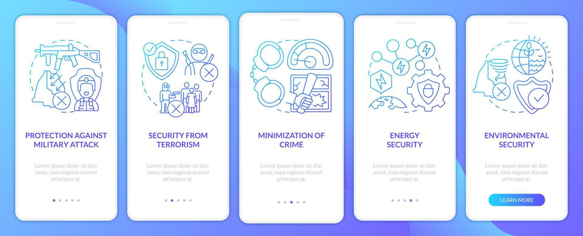 schermata dell'app mobile onboarding con gradiente blu di sicurezza nazionale. procedura dettagliata 5 passaggi pagine di istruzioni grafiche con concetti lineari. ui, ux, modello gui. vettore