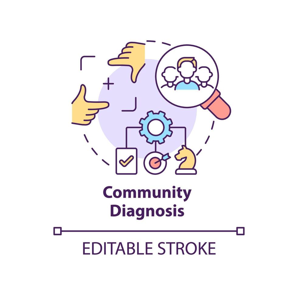 icona del concetto di diagnosi della comunità. determinare i bisogni del gruppo. illustrazione della linea sottile dell'idea astratta della fase di pianificazione sociale. disegno di contorno isolato. tratto modificabile. vettore
