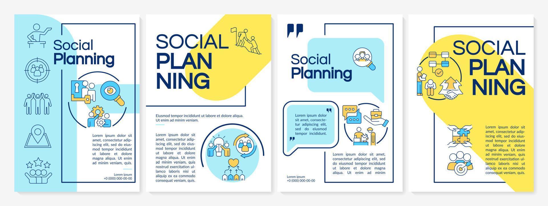 modello di brochure blu e giallo di pianificazione sociale. sviluppo e cambiamenti. design volantino con icone lineari. 4 layout vettoriali per la presentazione, relazioni annuali.