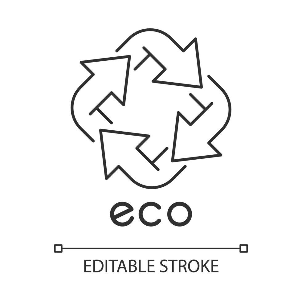 icona lineare dell'etichetta ecologica. quattro segni di freccia ad angolo. simbolo di riciclo. energia alternativa. adesivo di protezione ambientale. illustrazione al tratto sottile. simbolo di contorno. disegno vettoriale isolato. tratto modificabile