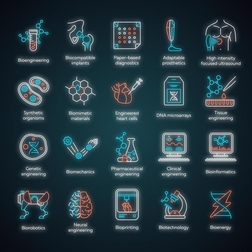 set di icone di luce al neon di bioingegneria. biotecnologia. nuovi metodi di diagnosi e cura delle malattie, ingegneria genetica, intelligenza artificiale. segni luminosi. illustrazioni vettoriali isolate