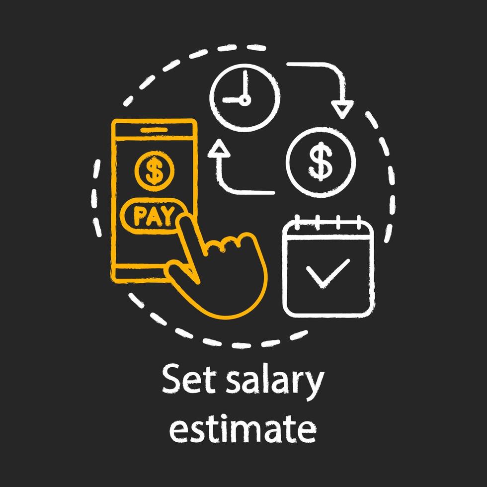 imposta l'icona del gesso della stima dello stipendio. calcolatore di stipendio. pagamento del salario. calcolo del budget, contabilità. servizio di fatturazione online. calendario finanziario. illustrazione di lavagna vettoriale isolata