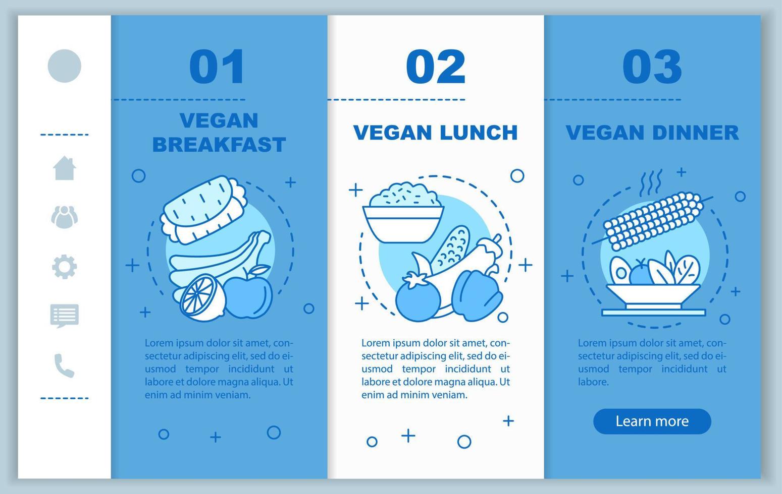 menu vegano onboarding modello vettoriale di pagine web mobili. idea di interfaccia del sito Web per smartphone reattiva con illustrazioni lineari. schermate dei passaggi della procedura guidata della pagina Web. concetto di colore di nutrizione vegetariana