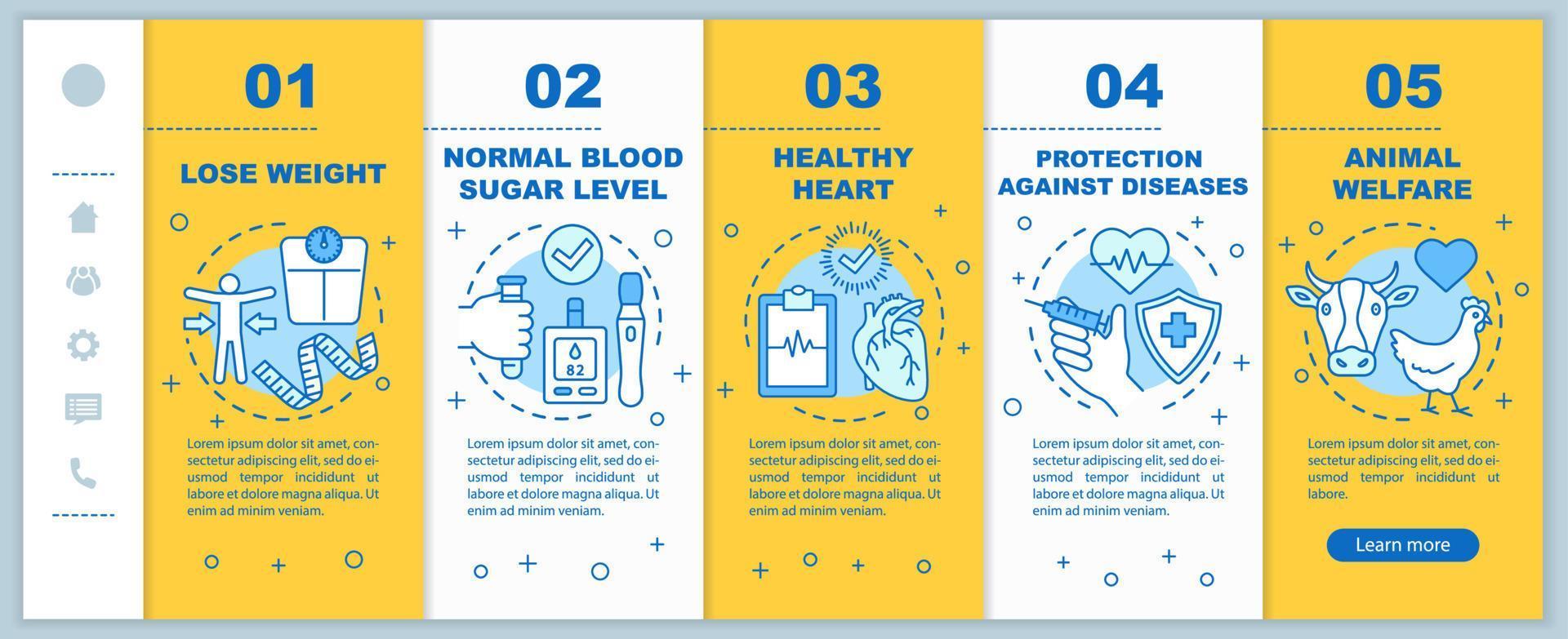 vantaggi dello stile di vita vegano onboarding modello vettoriale di pagine web mobili. idea di interfaccia del sito Web per smartphone reattiva con illustrazioni lineari. schermate dei passaggi della procedura guidata della pagina Web. concetto di colore..