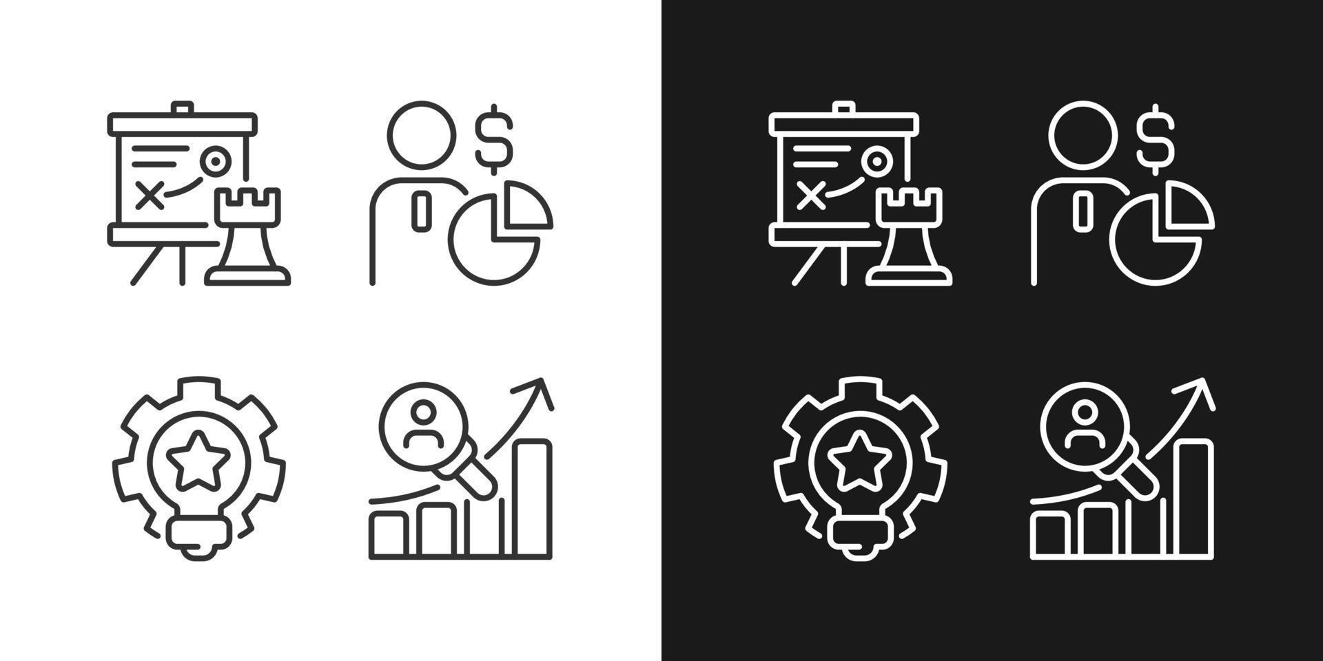 icone lineari perfette pixel della formula aziendale di successo impostate per la modalità scura e chiara. simboli di linee sottili per la notte, il tema del giorno. illustrazioni isolate. tratto modificabile. vettore