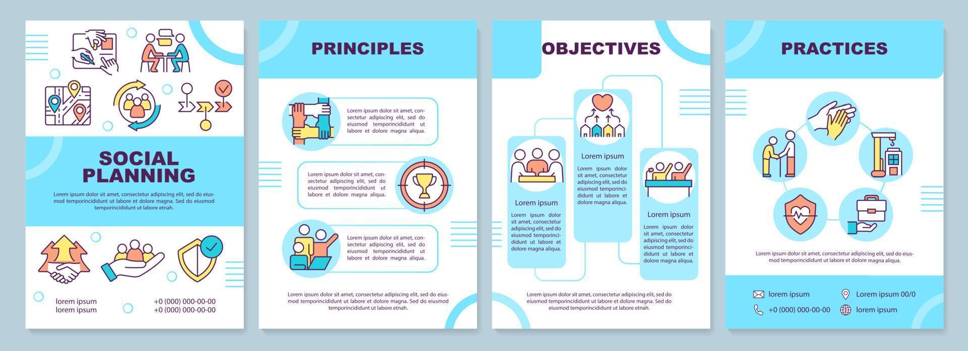 modello di brochure delle linee guida per la pianificazione sociale. obiettivo e principi. design volantino con icone lineari. 4 layout vettoriali per la presentazione, relazioni annuali.