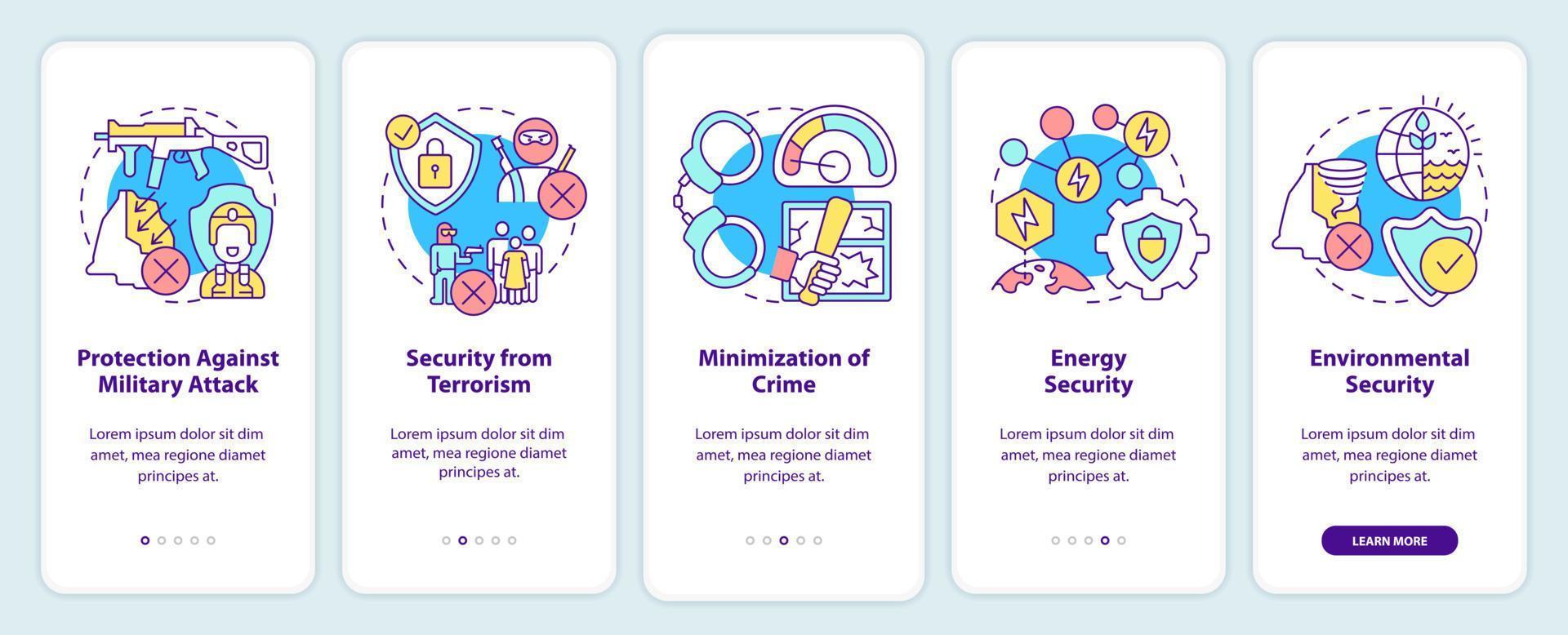 sicurezza nazionale e protezione durante l'onboarding dello schermo dell'app mobile. procedura dettagliata 5 passaggi pagine di istruzioni grafiche con concetti lineari. ui, ux, modello gui. vettore