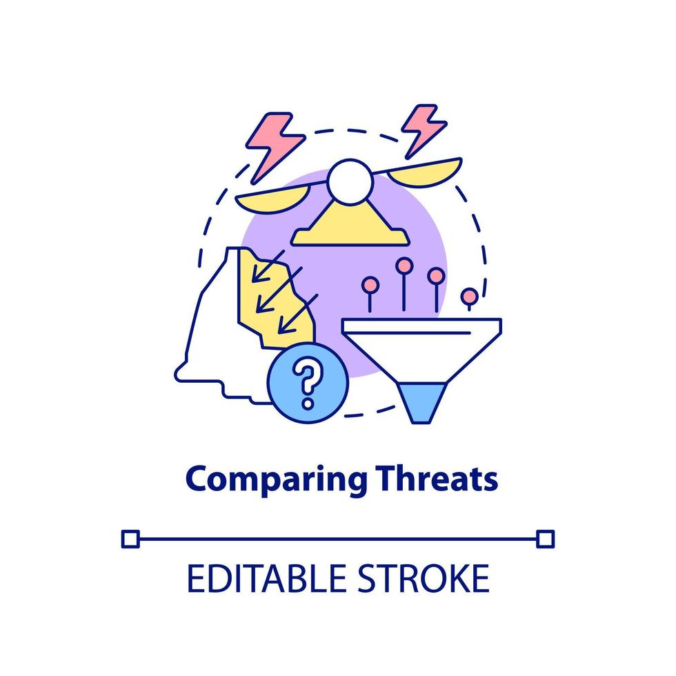 confronto dell'icona del concetto di minacce. analisi del rischio di invasione. illustrazione della linea sottile dell'idea astratta del servizio di sicurezza nazionale. disegno di contorno isolato. tratto modificabile. vettore