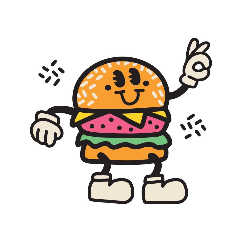 elemento del personaggio dei cartoni animati di hamburger alla moda di design retrò disegnato a mano. illustrazione vettoriale di doodle lineare. design isolato per la stampa di t-shirt.