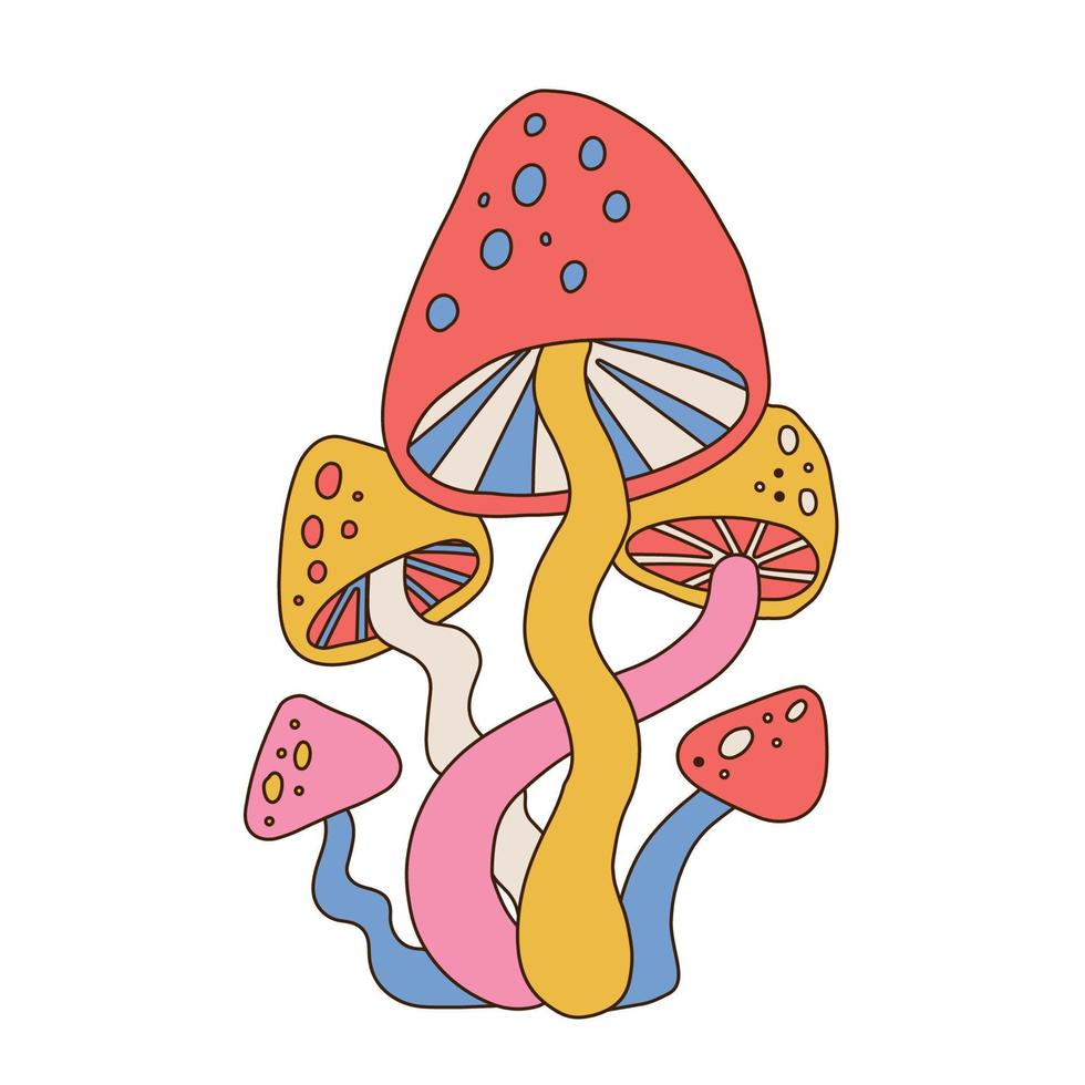 Mazzo di funghi magici hippie retrò anni '70 in stile groovy per t-shirt grafica o poster. illustrazione vettoriale lineare disegnata a mano.