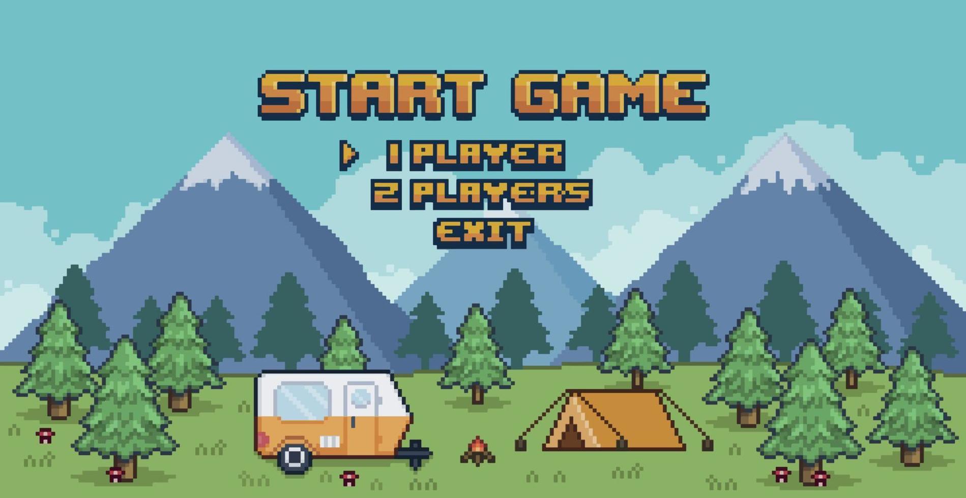menu di gioco da campeggio pixel art. menu di selezione del gioco con alberi di pino, montagne, tenda e rimorchio 8bit sfondo vettoriale