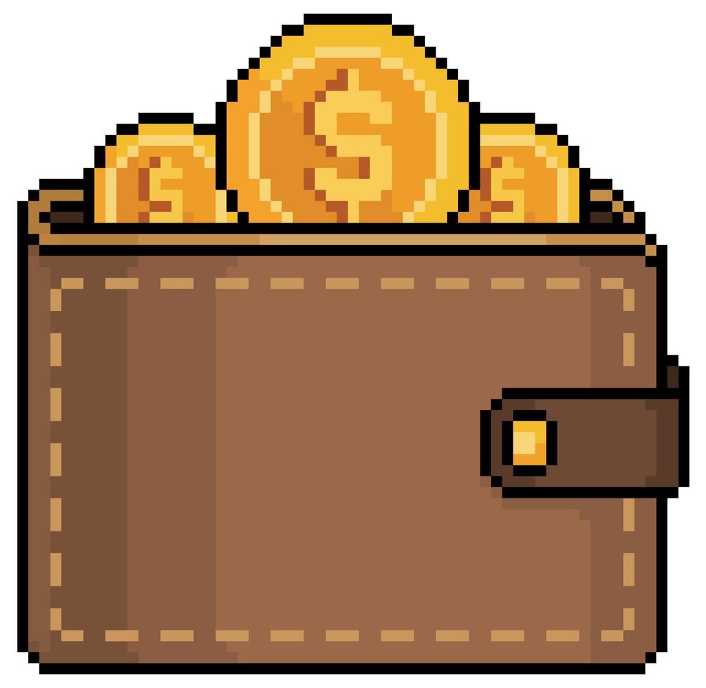 portafoglio pixel art con monete. icona di vettore di risparmio di denaro per il gioco a 8 bit su sfondo bianco