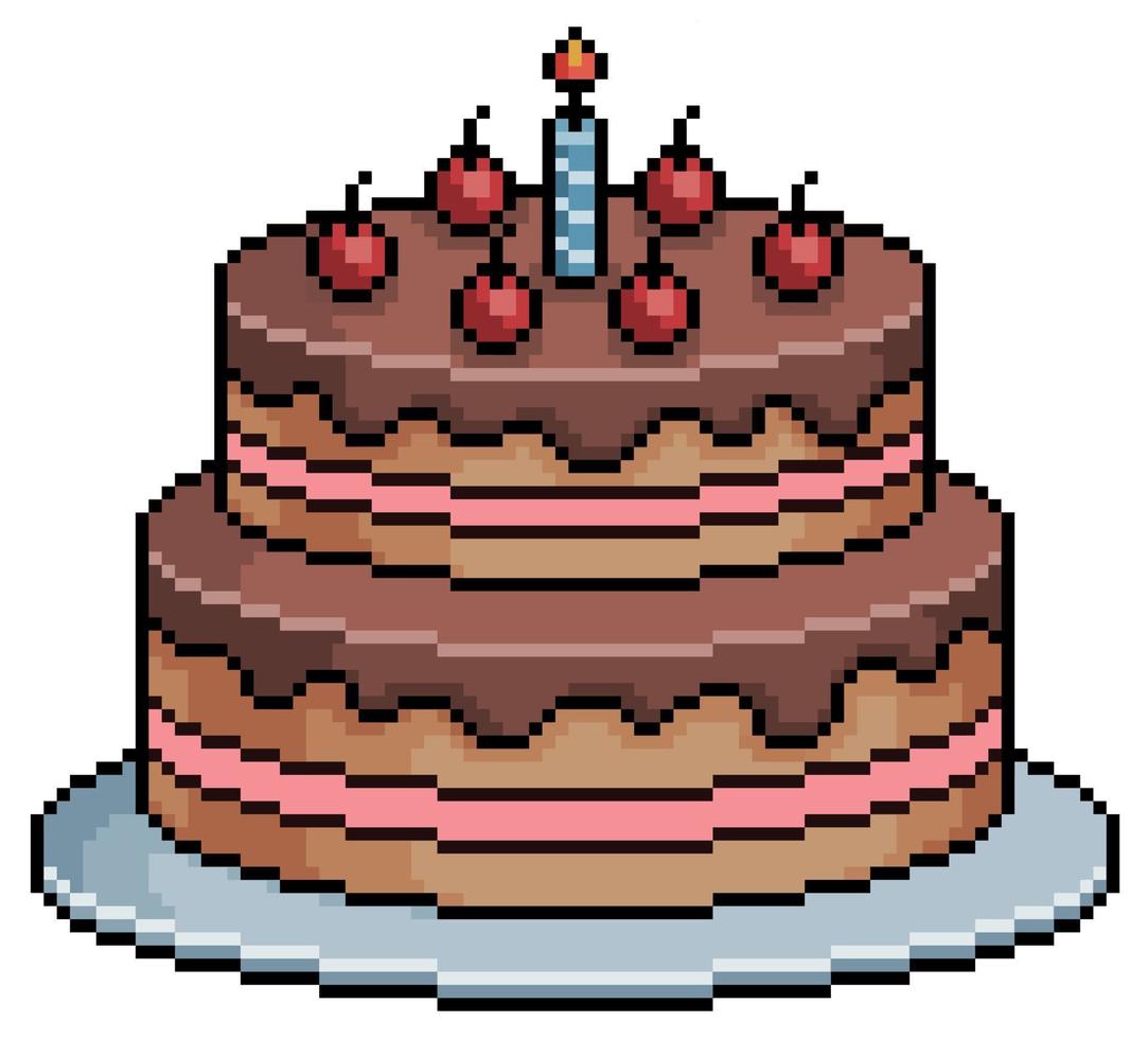 icona di vettore di torta di compleanno pixel art per gioco a 8 bit su sfondo bianco