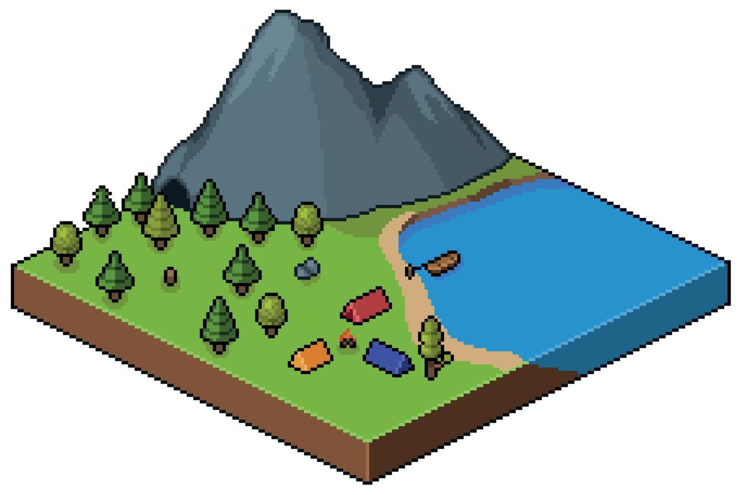 campeggio isometrico pixel art nella foresta con montagna e lago 8 bit vettore