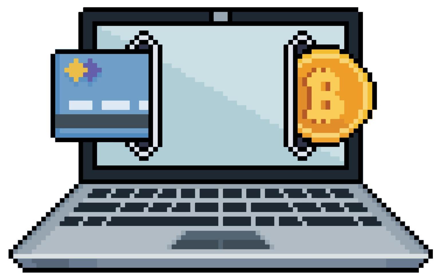 laptop pixel art acquista bitcoin con carta di credito. acquisto di bitcoin dall'icona del vettore del laptop per il gioco a 8 bit su sfondo bianco