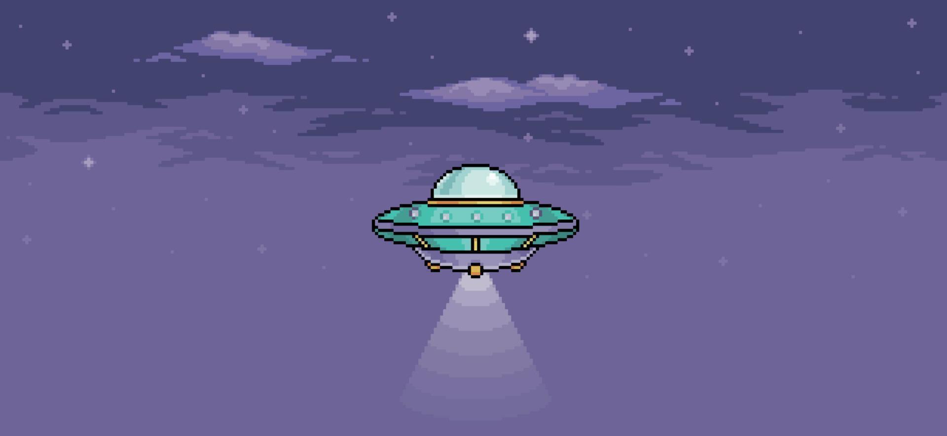 pixel art ufo nel cielo notturno. astronave aliena che vola con le luci accese. Sfondo vettoriale a 8 bit