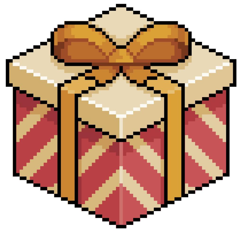 pixel art natale o regalo di compleanno. scatola rossa e oro. elemento di gioco vettoriale a 8 bit su sfondo bianco