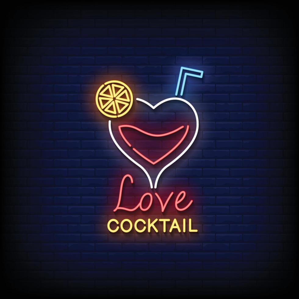 cocktail di amore dell'insegna al neon con il vettore del fondo del muro di mattoni