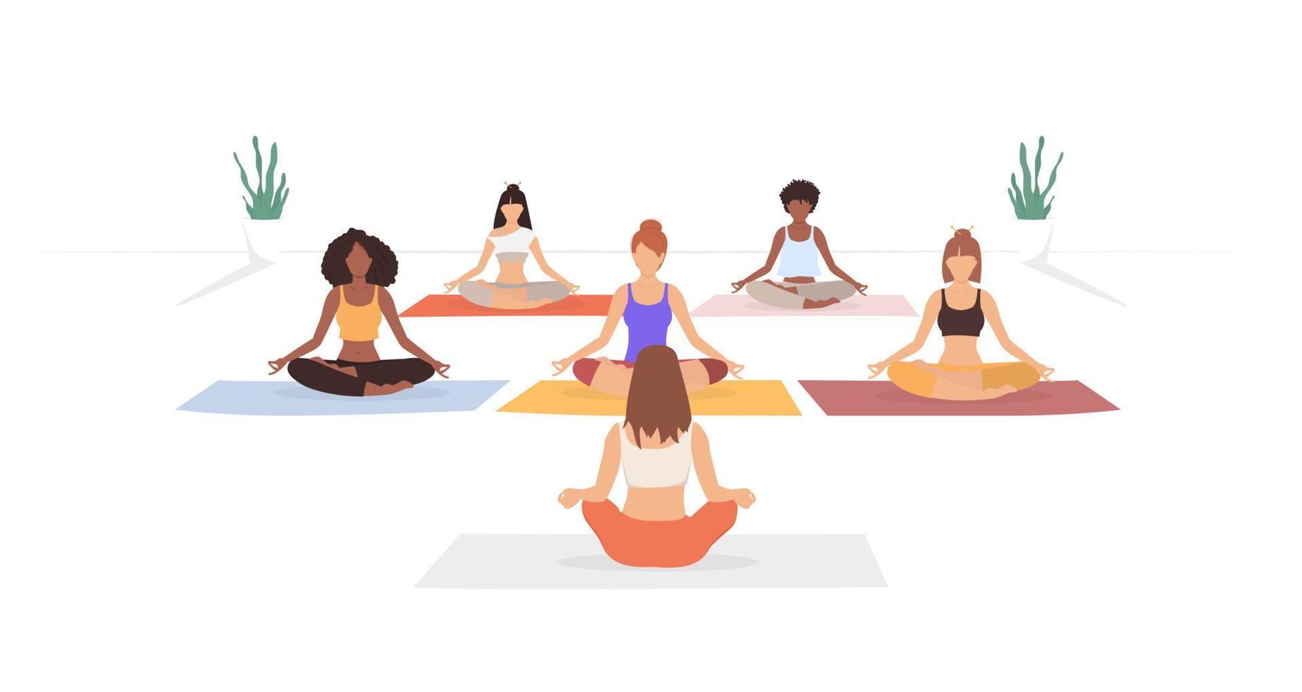 gruppo di donne che praticano yoga. donne in meditazione. illustrazione vettoriale. donne isolate nella posa del loto vettore