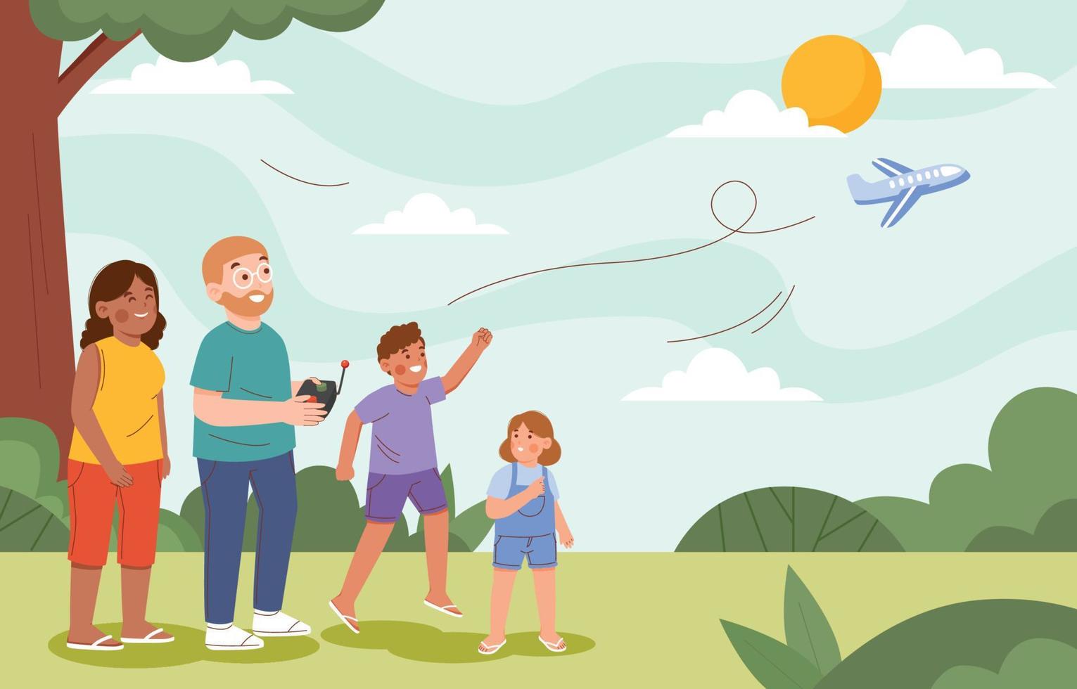 famiglia felice che gioca in aereo telecomandato nel parco vettore